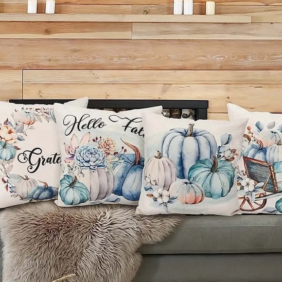 🎃NIP 4/pc/set pumpkins & florals Pillow Covers 🍂PILLOW COVERS ONLY Blue Color - Picture 6 of 6